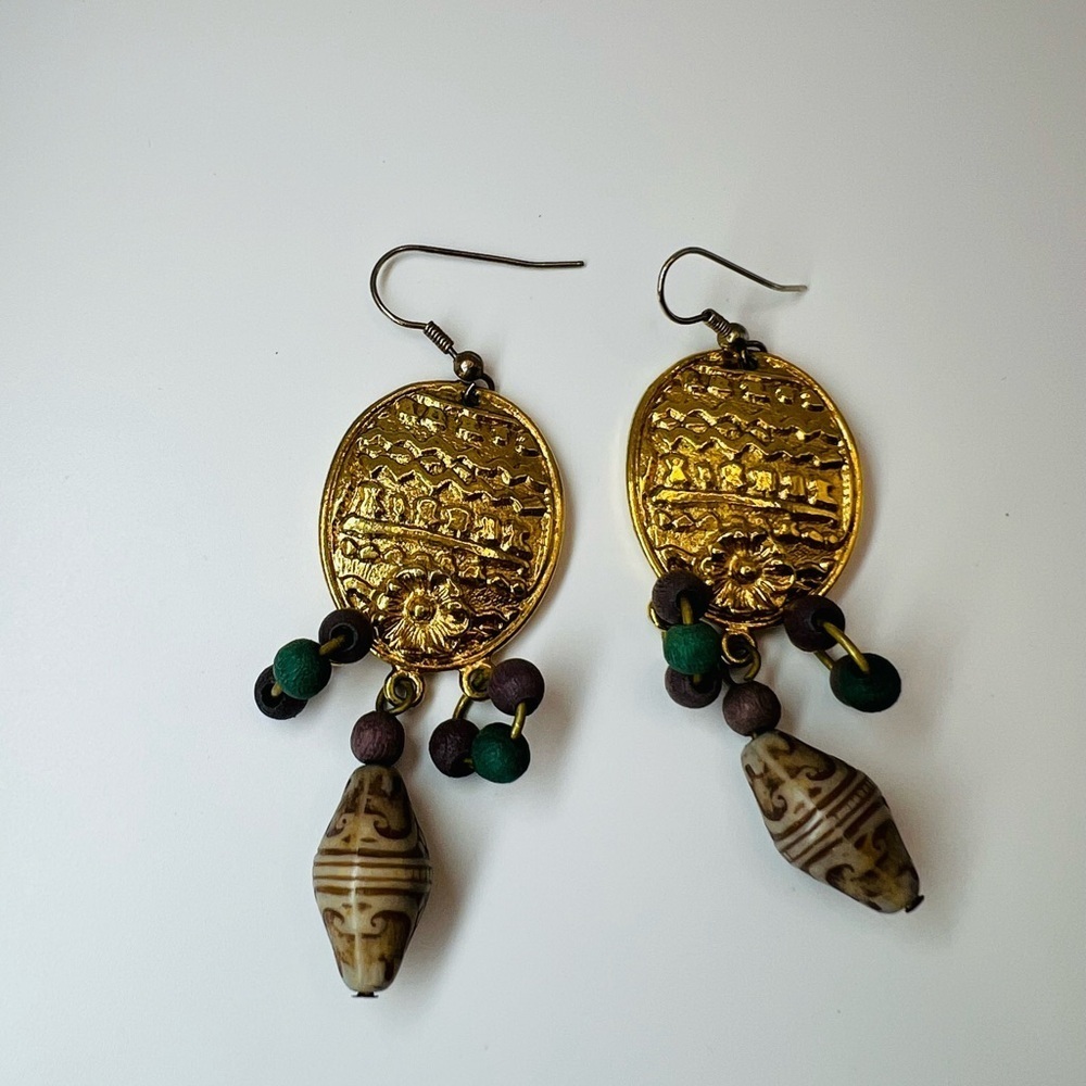 Vintage Gold Tone Beaded Dangle Earrings Ethnic Boho Style